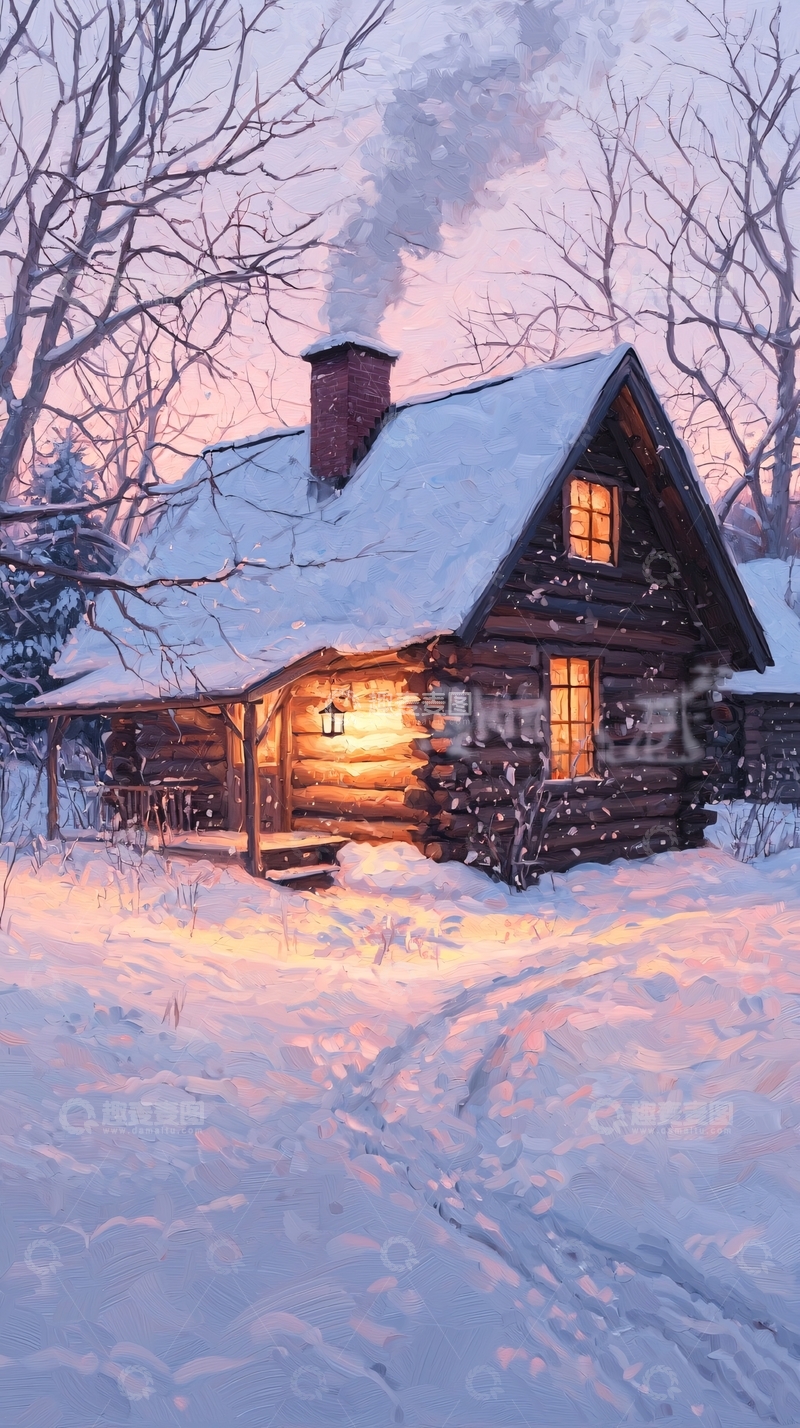 高清大图下载【趣麦麦图】冬日雪景中的温暖小屋