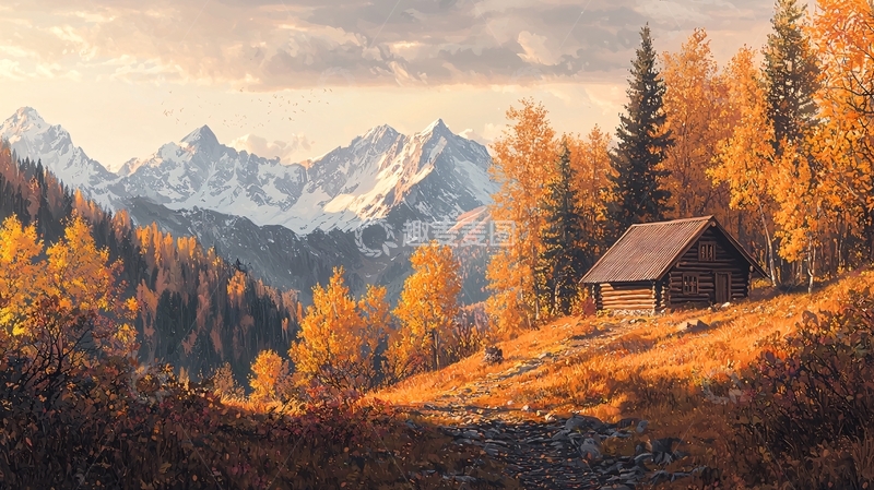 高清大图下载【趣麦麦图】秋日山间小屋风景