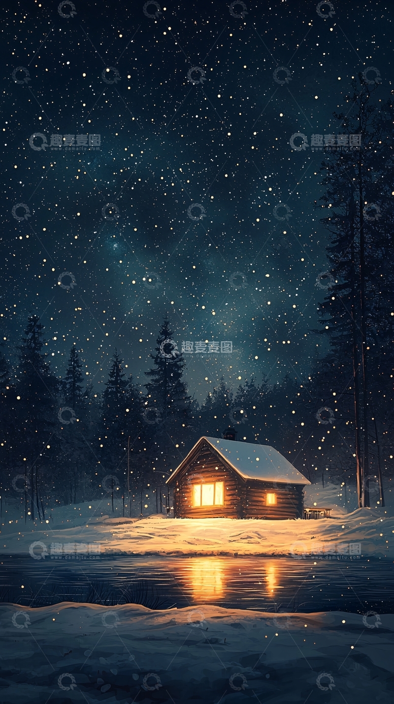 高清大图下载【趣麦麦图】冬夜小屋星空下的宁静