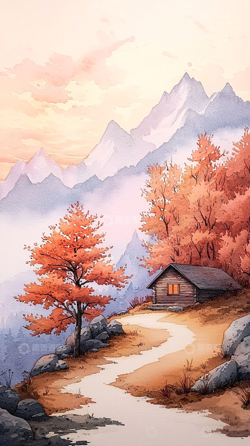 高清大图下载【趣麦麦图】秋日山间小屋风景