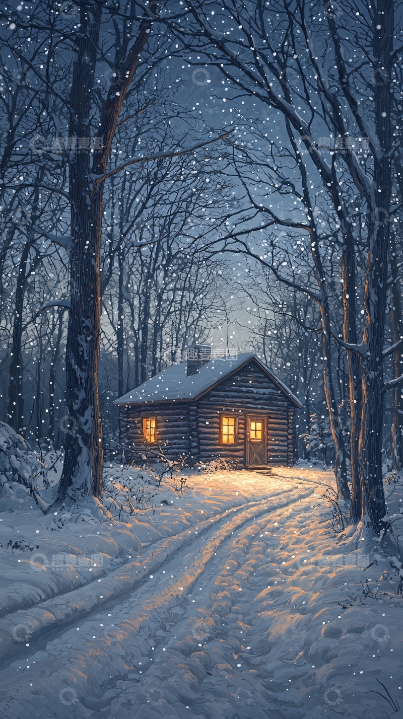 高清大图下载【趣麦麦图】冬夜小屋雪景