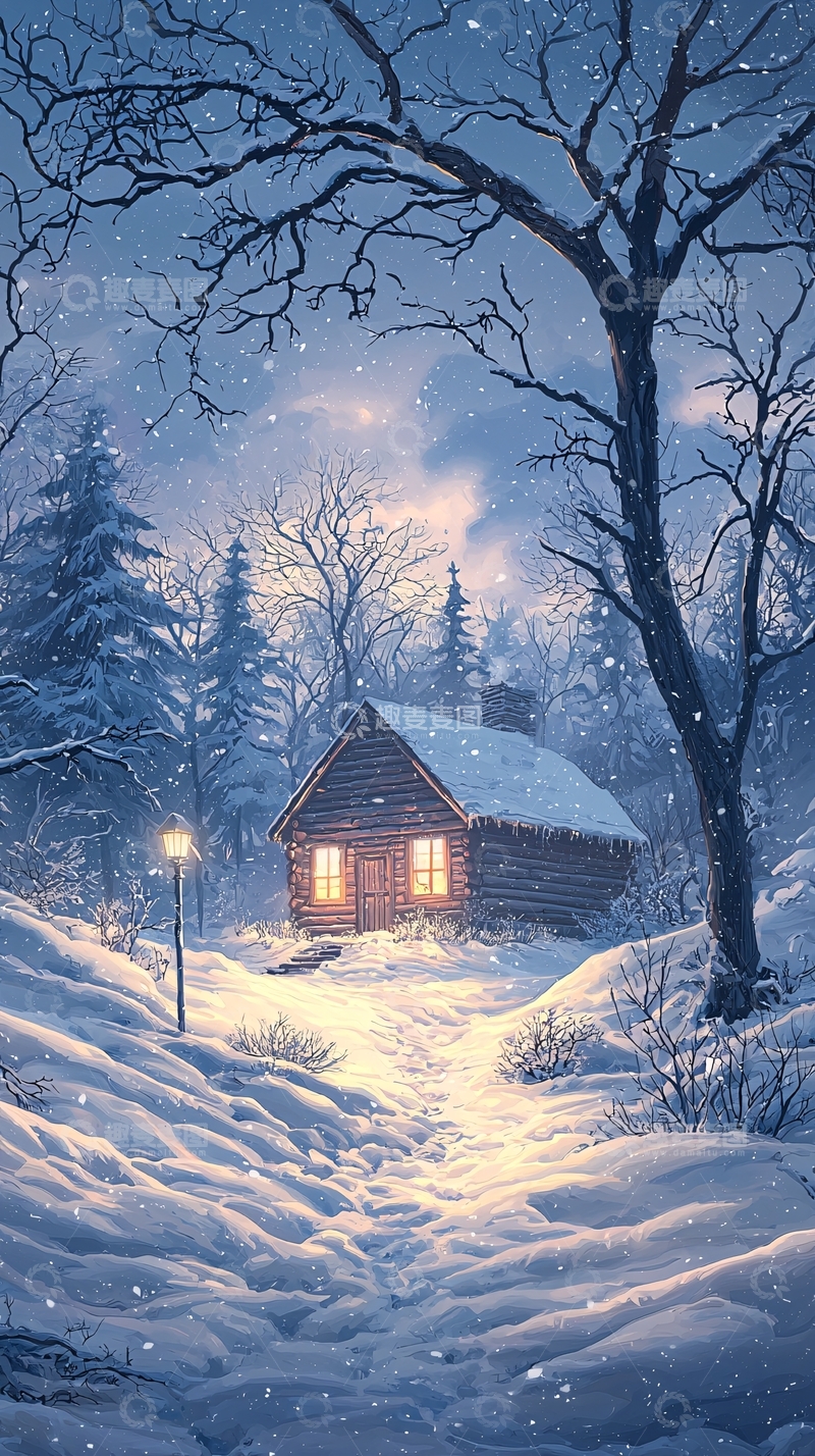 高清大图下载【趣麦麦图】冬夜雪景中的小木屋