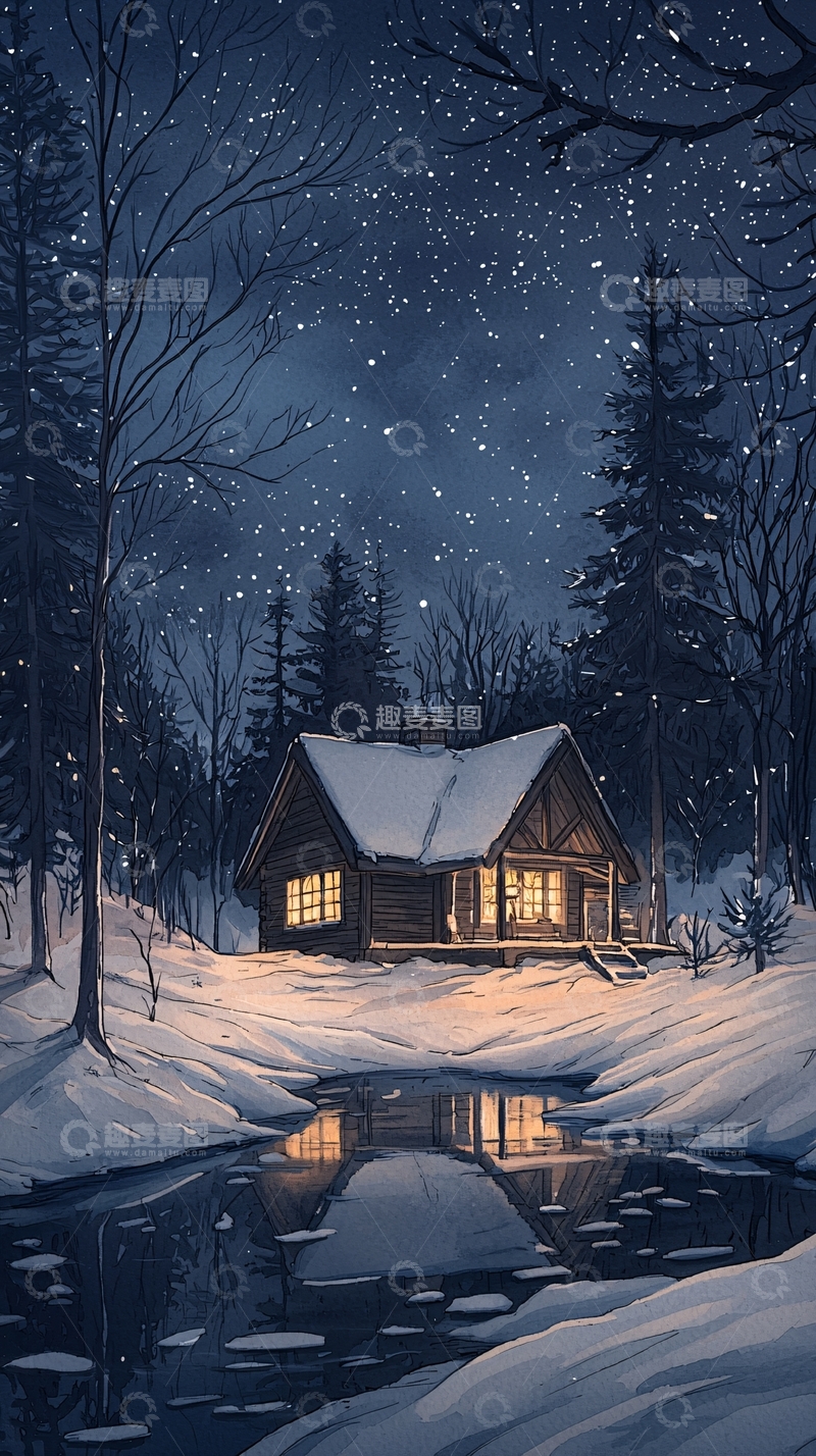 高清大图下载【趣麦麦图】冬夜小屋温馨场景