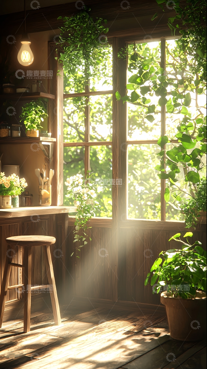 高清大图下载【趣麦麦图】阳光洒满木质厨房角落