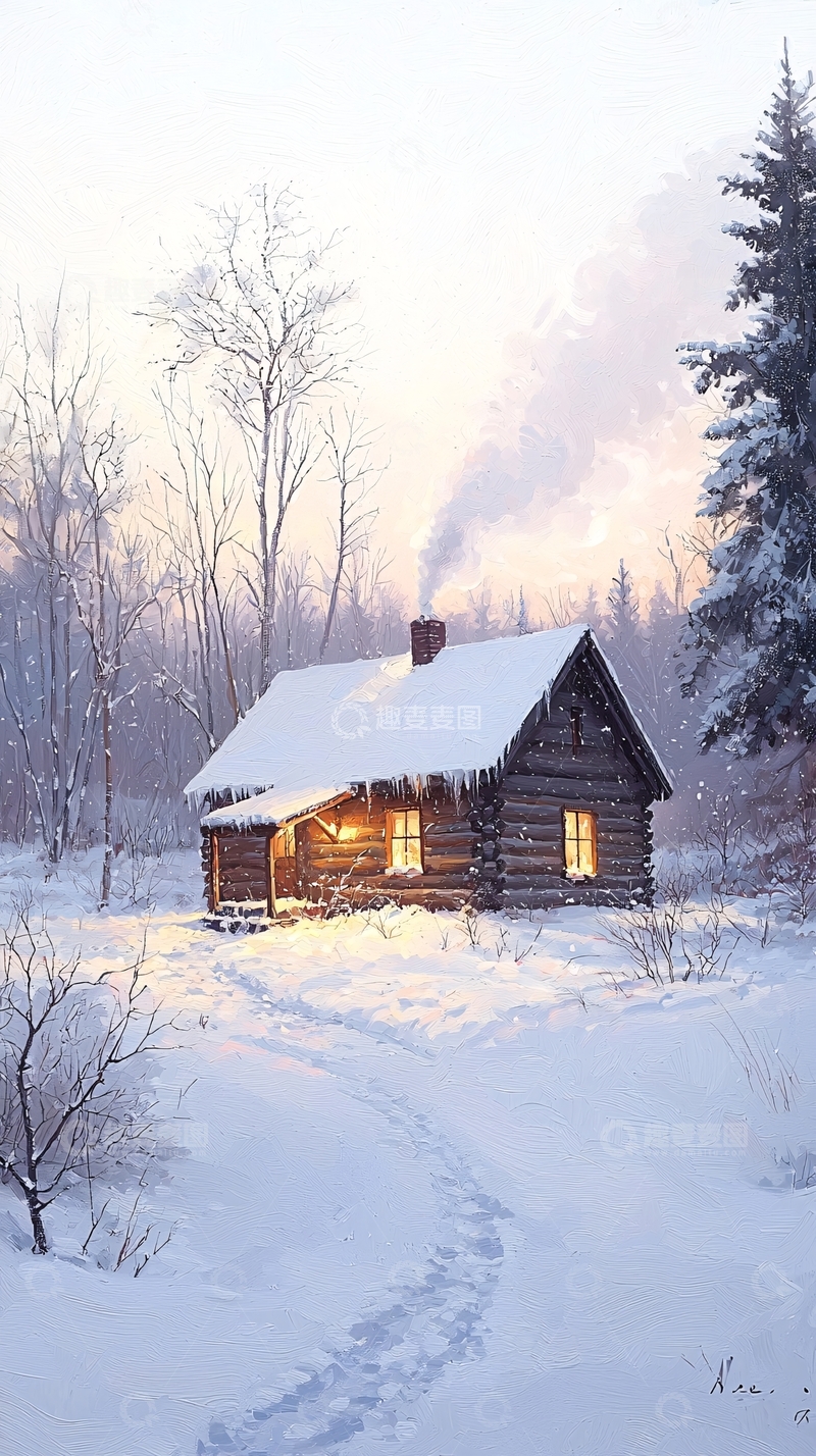 高清大图下载【趣麦麦图】冬日雪景中的小木屋