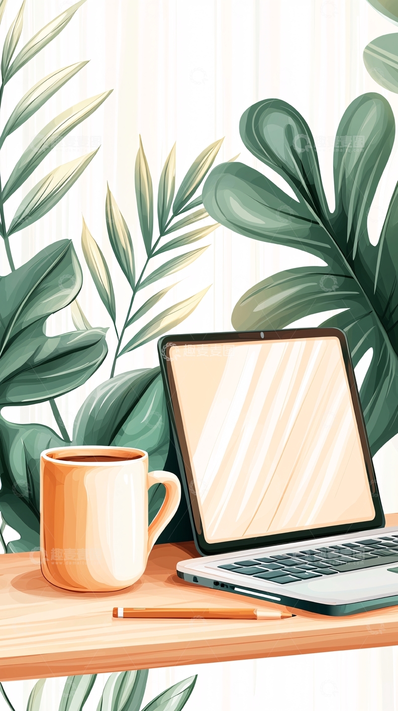 高清大图下载【趣麦麦图】绿色植物背景下的办公桌场景