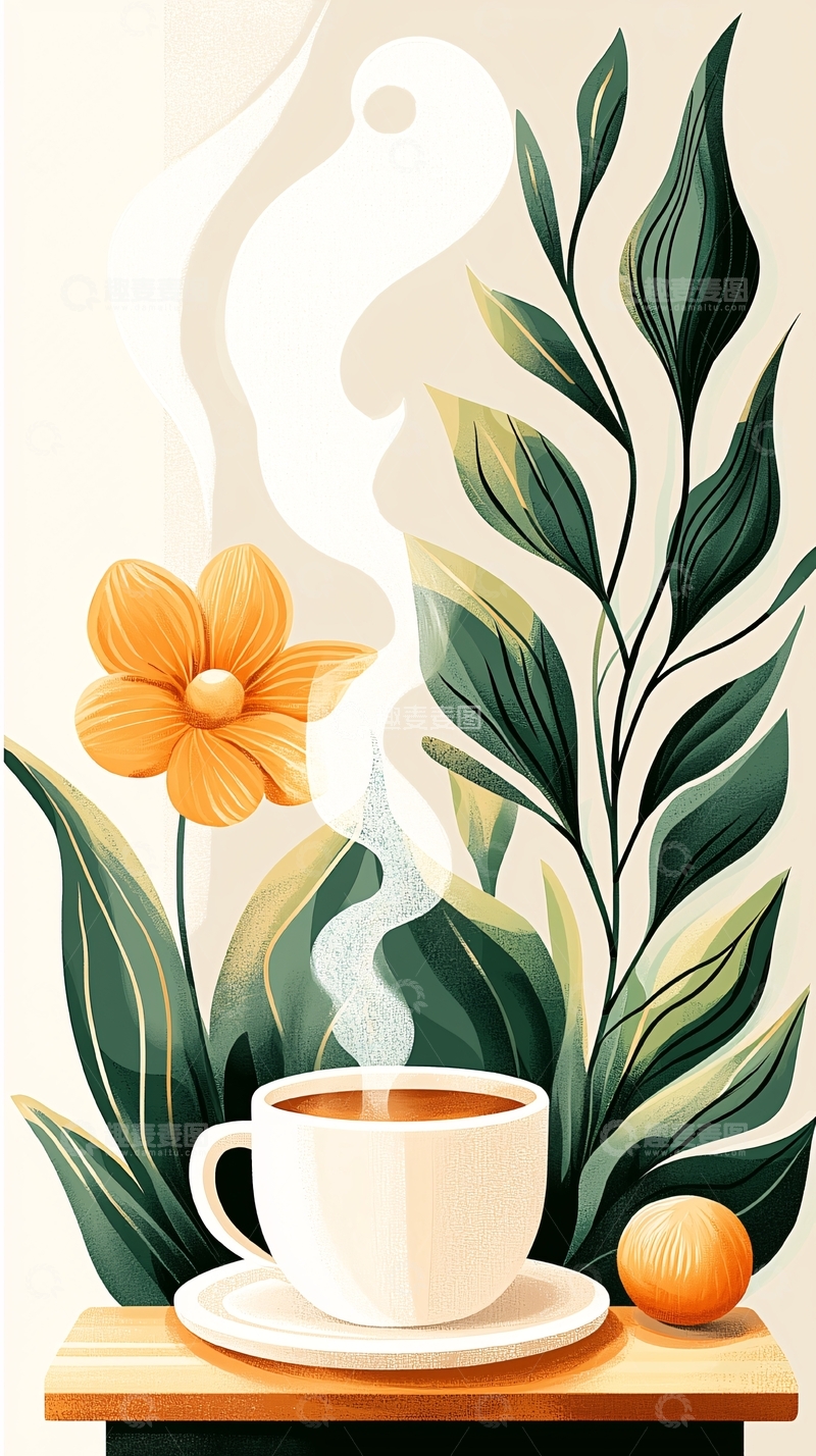 高清大图下载【趣麦麦图】一杯热茶与橙花插画