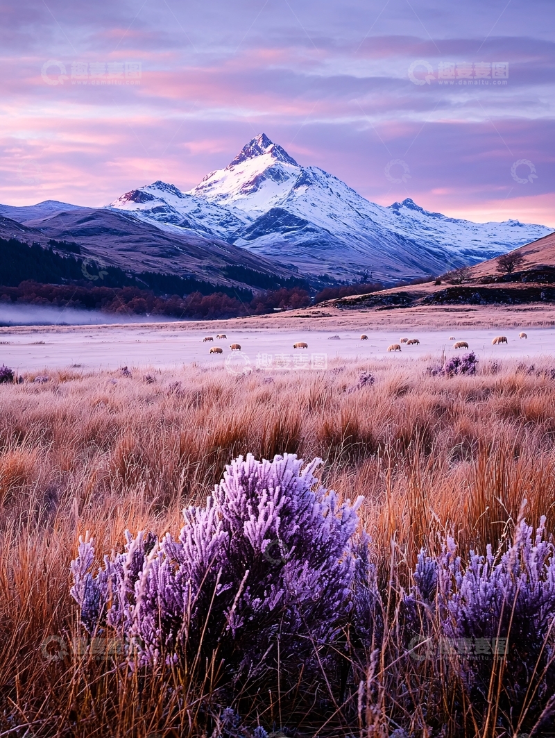 高清大图下载【趣麦麦图】雪山日出草地紫花