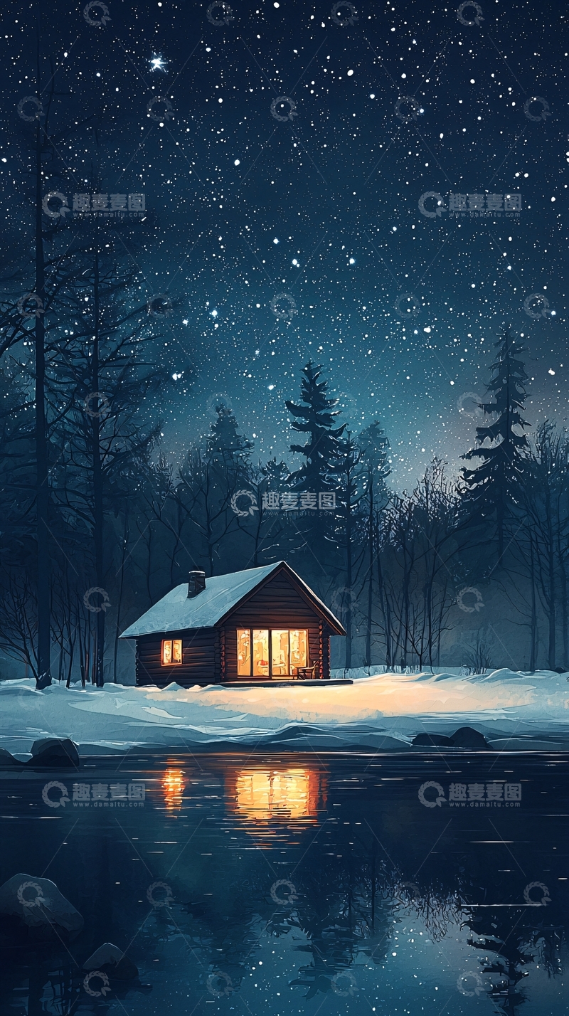 高清大图下载【趣麦麦图】冬夜小屋静谧星空