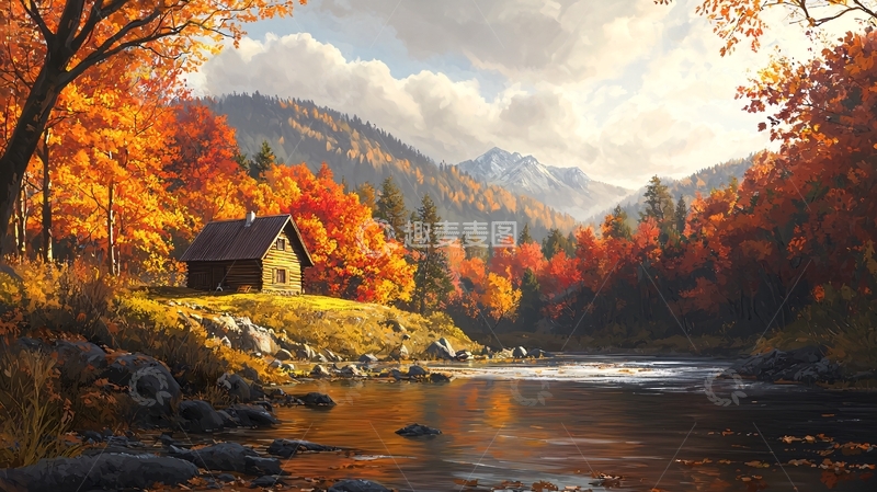 高清大图下载【趣麦麦图】秋日山间小屋风景