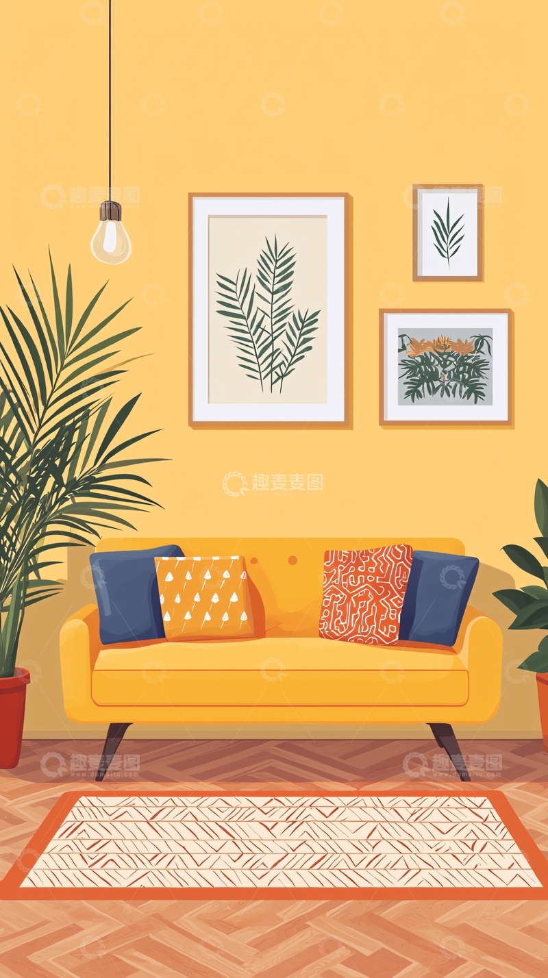 高清大图下载【趣麦麦图】温馨客厅装饰插画