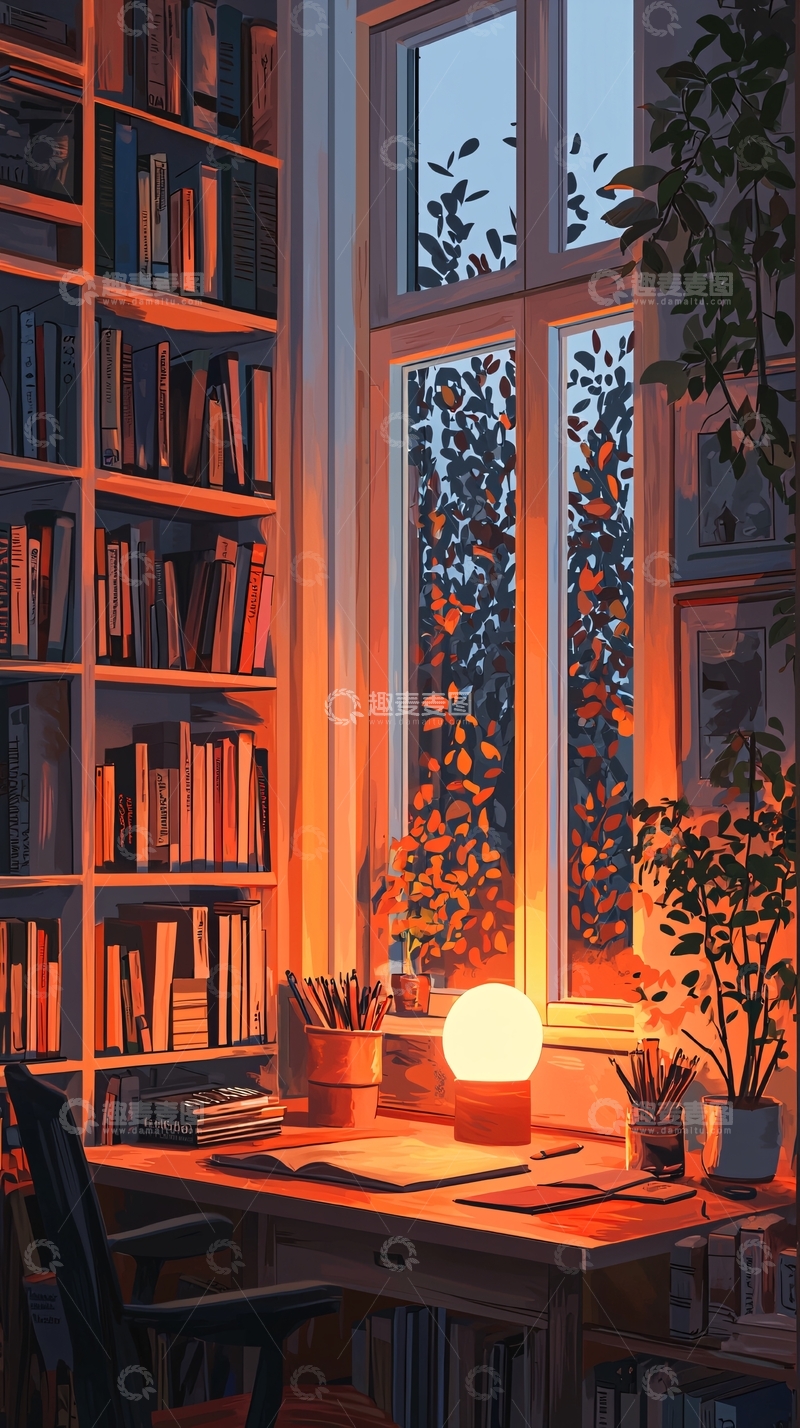 高清大图下载【趣麦麦图】秋日书房温暖灯光