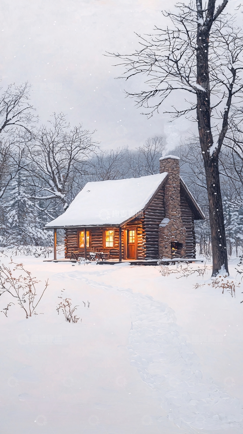高清大图下载【趣麦麦图】冬日雪景中的小木屋