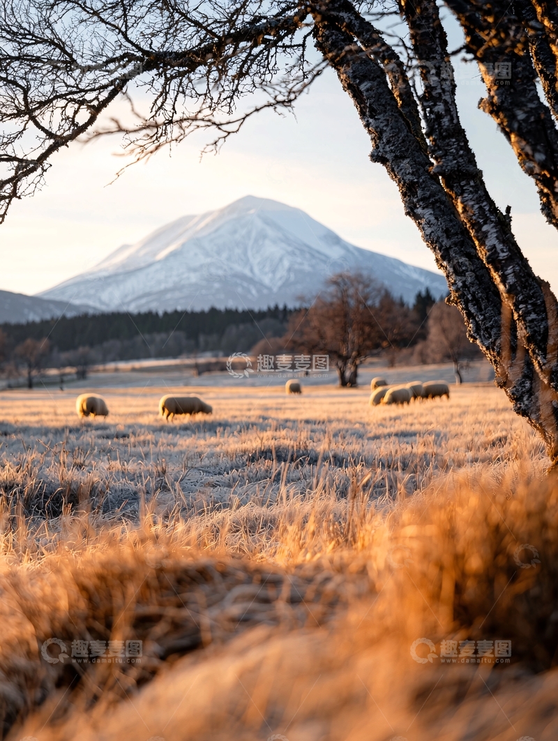高清大图下载【趣麦麦图】雪山下的牧场羊群