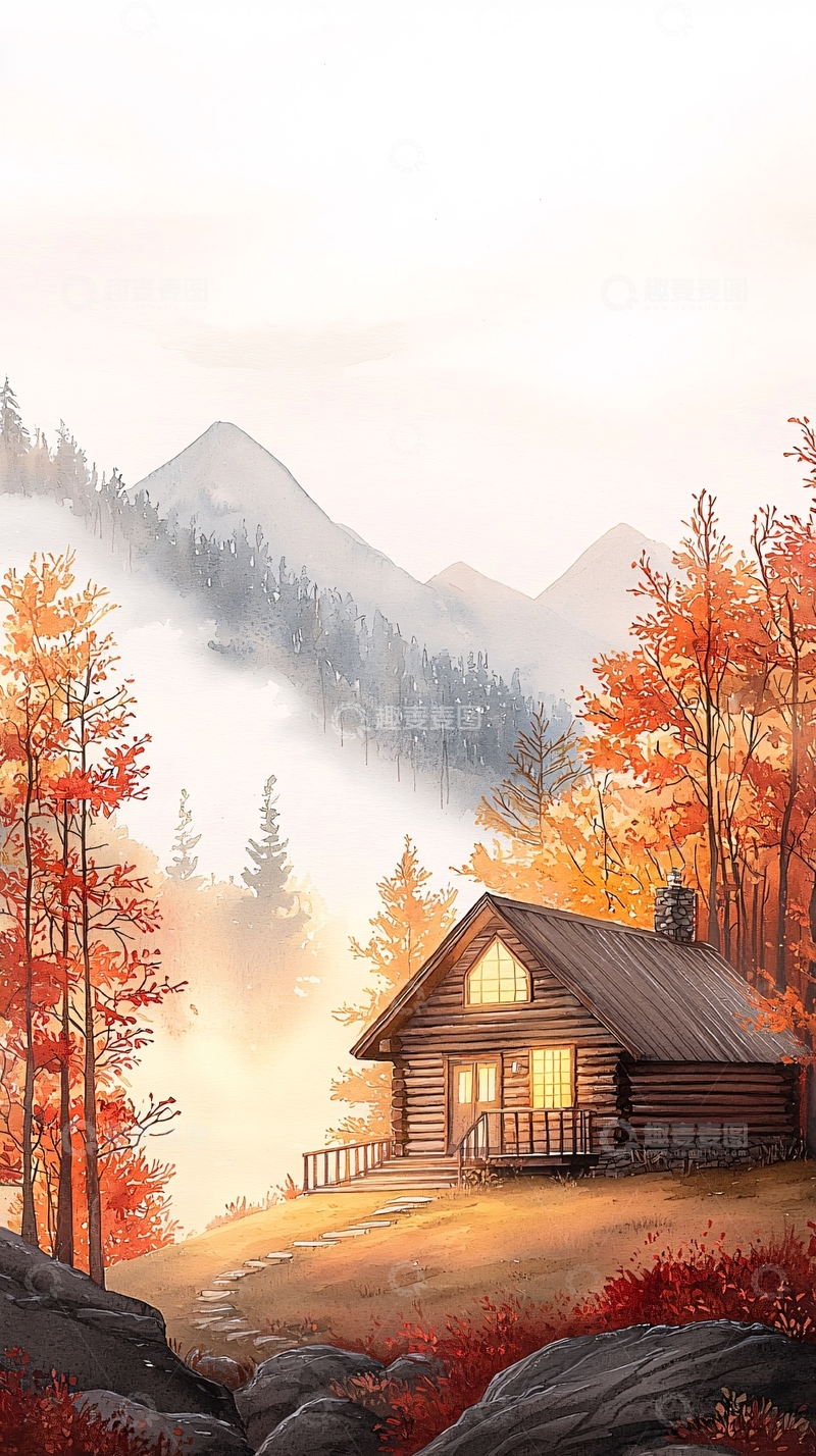 高清大图下载【趣麦麦图】秋日山间小屋风景