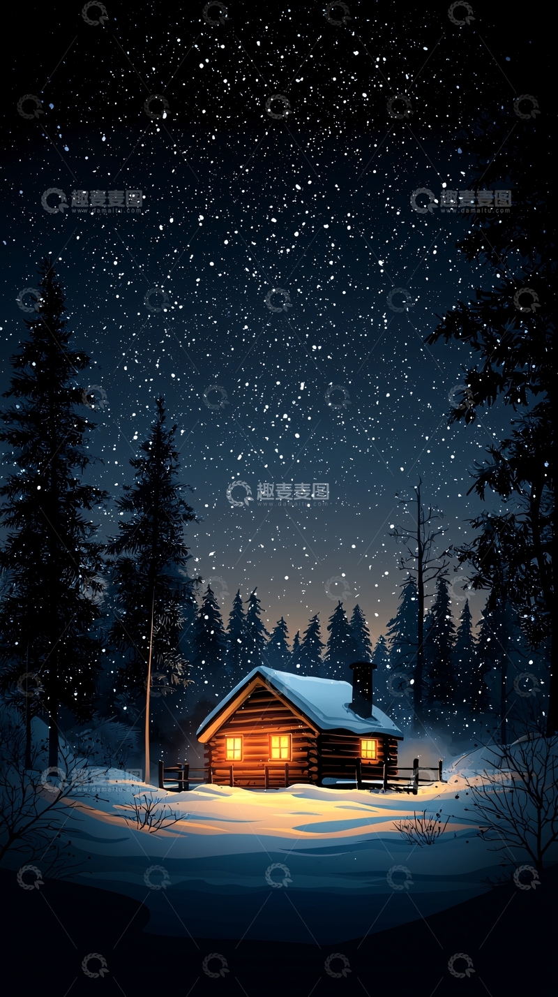 高清大图下载【趣麦麦图】冬夜小屋温馨灯火