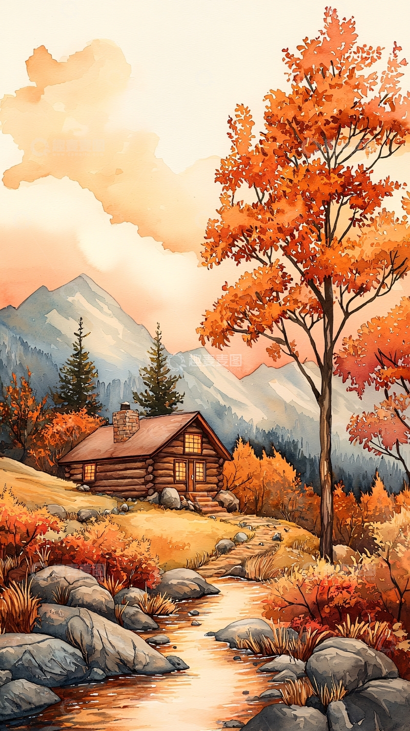 高清大图下载【趣麦麦图】秋日山间小屋风景