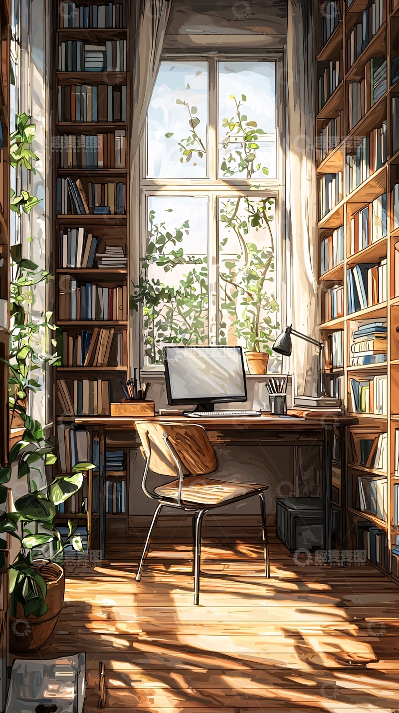 高清大图下载【趣麦麦图】阳光洒满书房的温馨角落