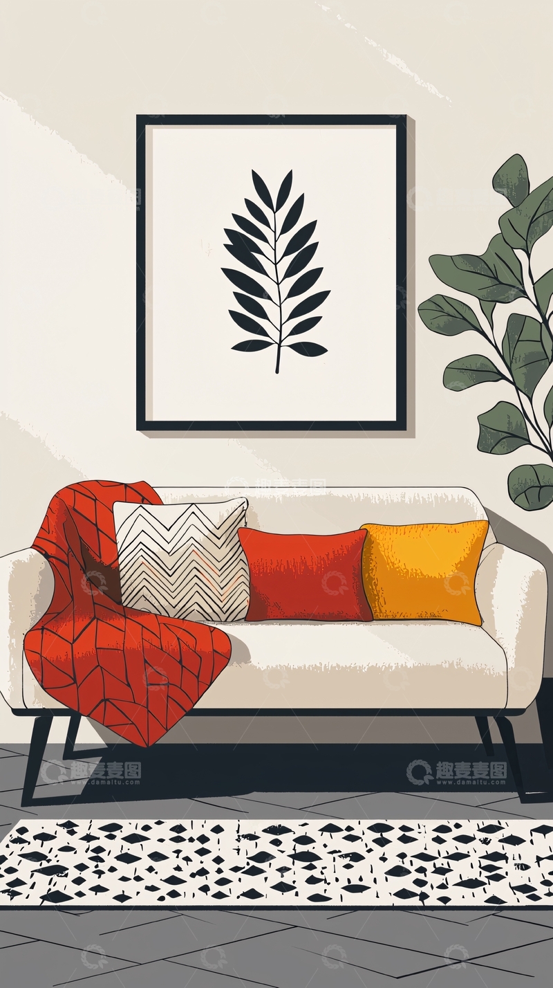 高清大图下载【趣麦麦图】现代简约客厅装饰画沙发地毯植物