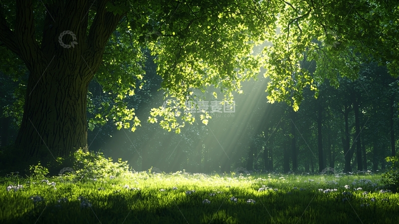 高清大图下载【趣麦麦图】阳光穿过树林的清新绿意