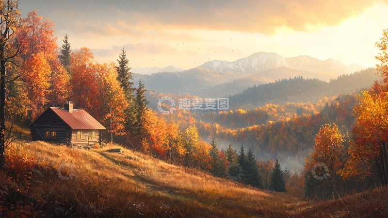 高清大图下载【趣麦麦图】秋日山间小屋风景
