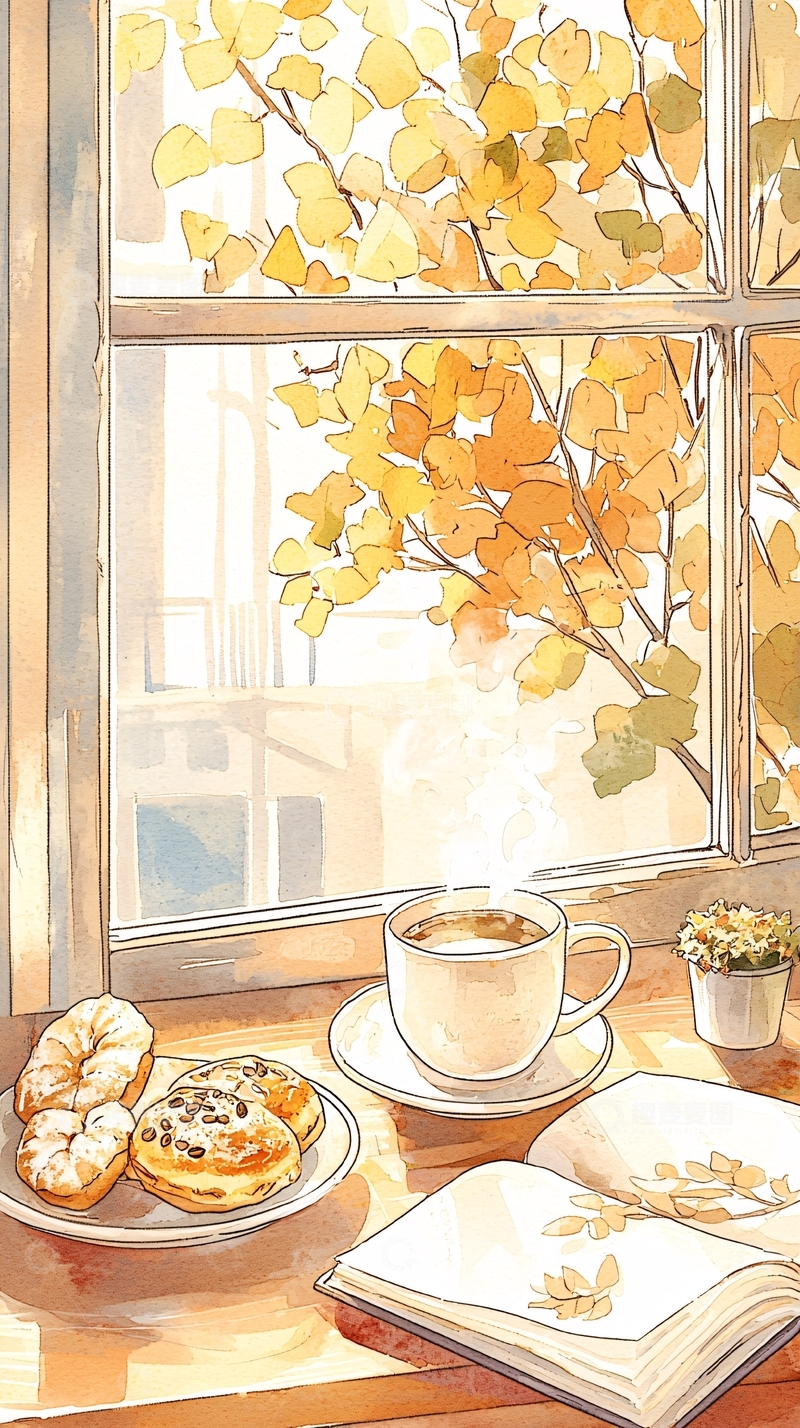 高清大图下载【趣麦麦图】秋日午后窗边咖啡与书