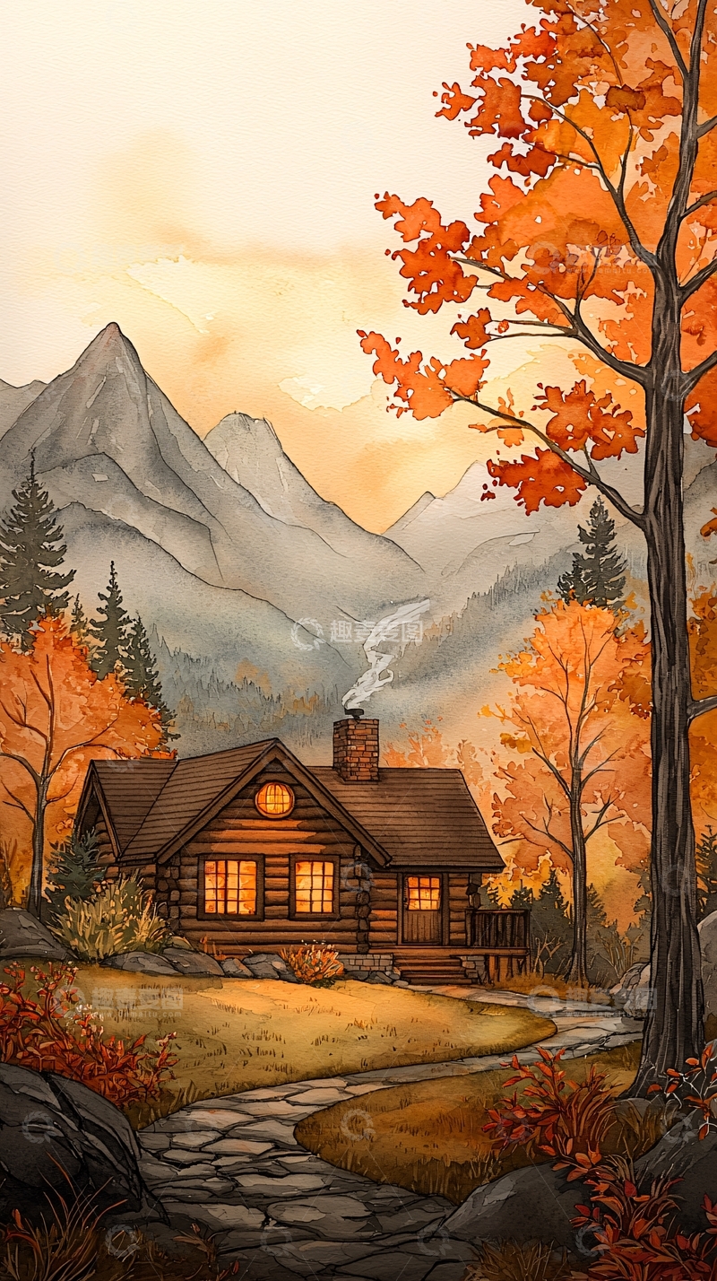 高清大图下载【趣麦麦图】秋日山间小屋风景画