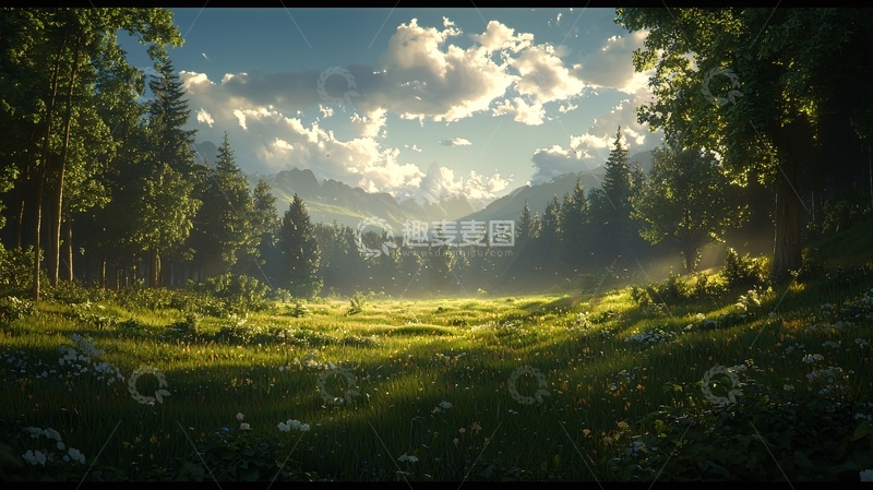 高清大图下载【趣麦麦图】阳光洒在绿色草地上的森林