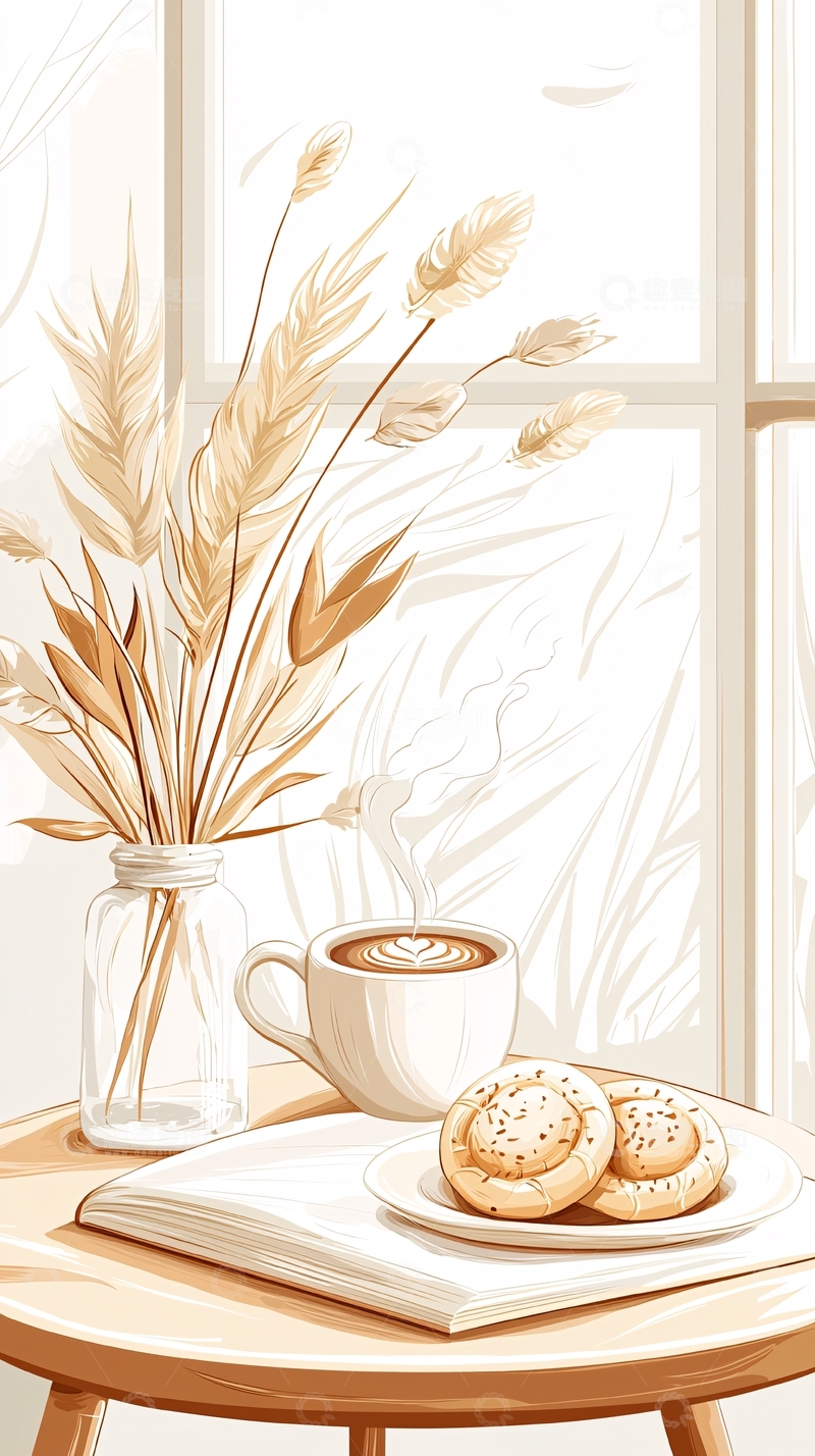 高清大图下载【趣麦麦图】温暖阳光下的咖啡与饼干