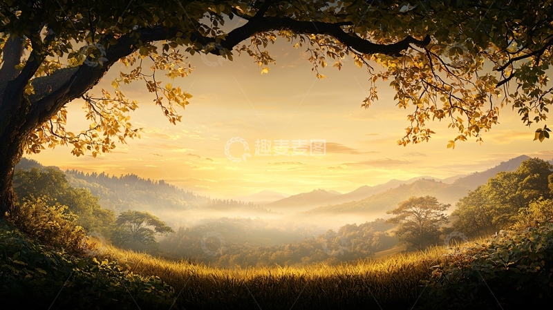高清大图下载【趣麦麦图】唯美树木框架下的日出山景