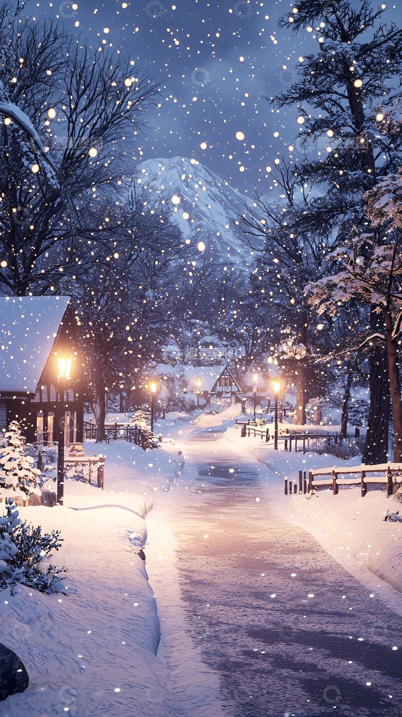 高清大图下载【趣麦麦图】冬夜雪景村庄灯火