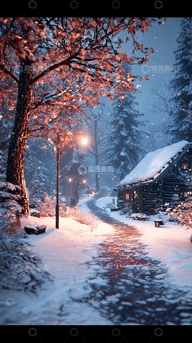 高清大图下载【趣麦麦图】冬夜雪景小屋灯火