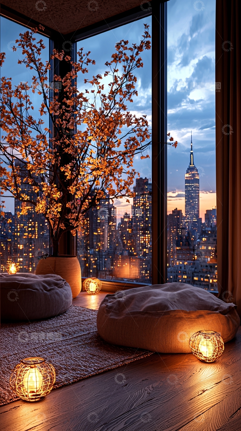 高清大图下载【趣麦麦图】城市夜景窗边冥想室