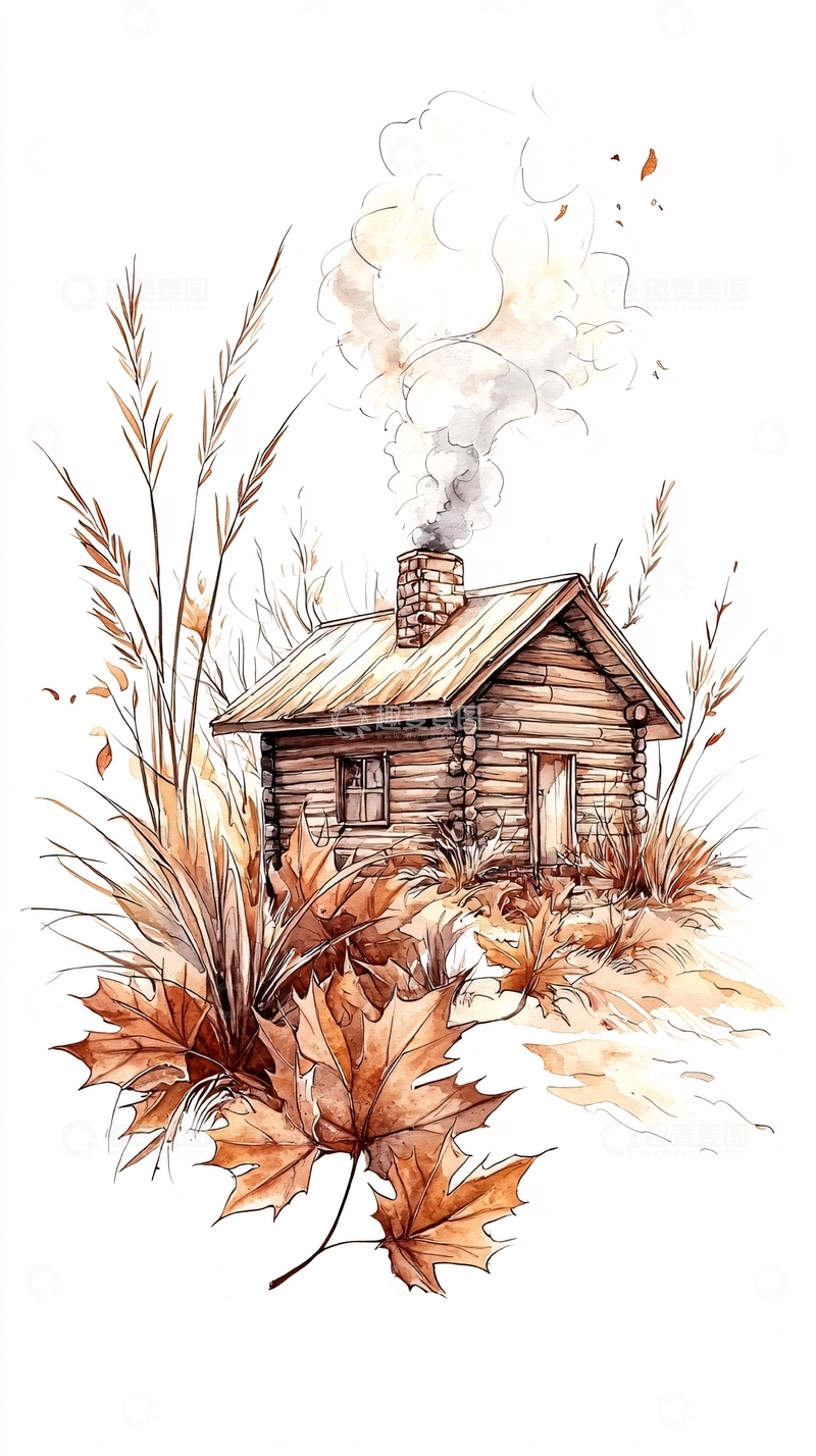 高清大图下载【趣麦麦图】秋日小屋炊烟袅袅