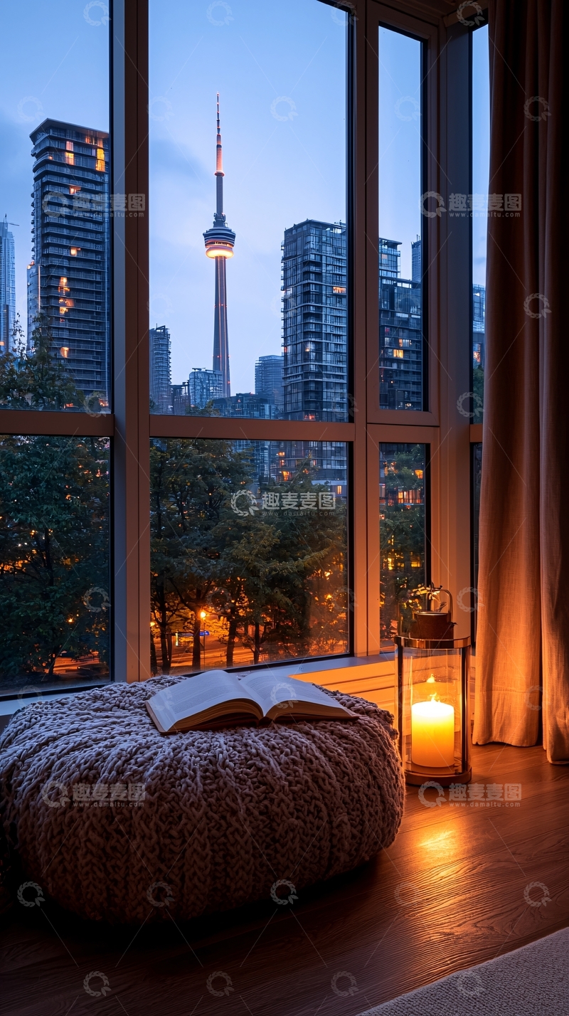 高清大图下载【趣麦麦图】城市夜景窗边阅读场景