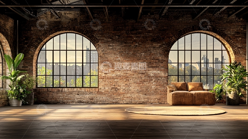 高清大图下载【趣麦麦图】工业风红砖墙大窗户室内