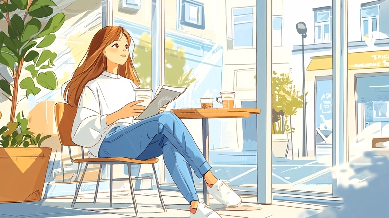 高清大图下载【趣麦麦图】阳光下咖啡馆读书的女孩
