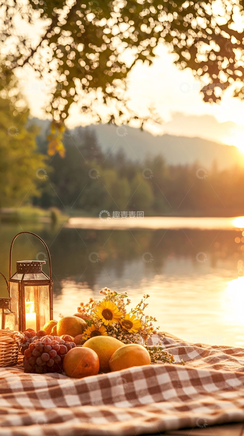 高清大图下载【趣麦麦图】秋日湖畔野餐场景
