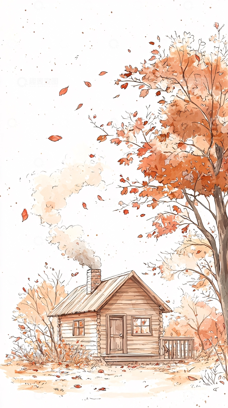 高清大图下载【趣麦麦图】秋日小屋落叶飘零