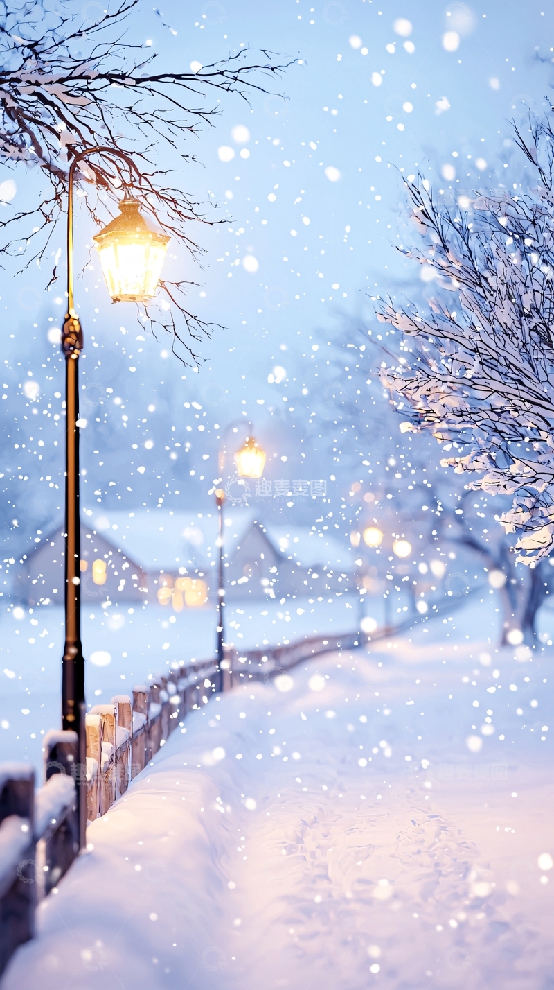 高清大图下载【趣麦麦图】冬日雪景路灯下的小径