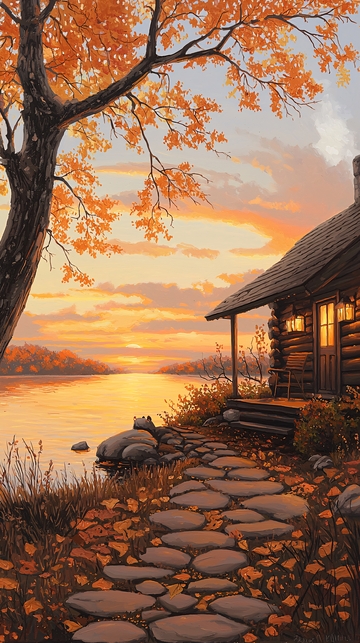 秋日湖畔木屋风景