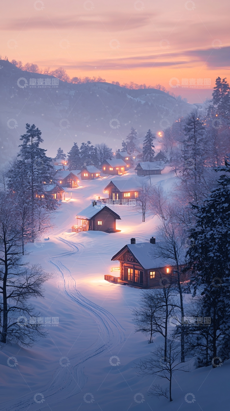 高清大图下载【趣麦麦图】冬夜雪乡小屋灯火辉煌