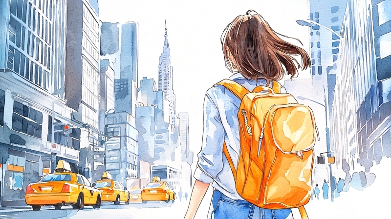 高清大图下载【趣麦麦图】城市街道上的背包少女