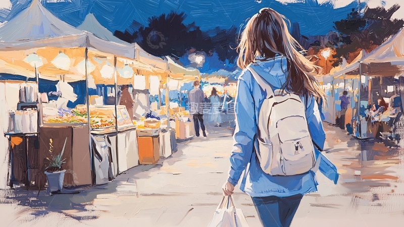 高清大图下载【趣麦麦图】夜市漫步的女孩