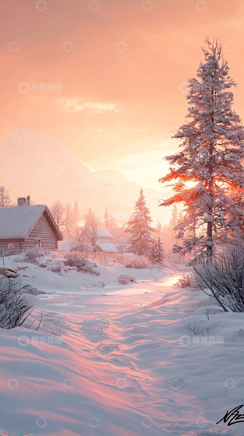 高清大图下载【趣麦麦图】冬日雪景中的小屋与山峦