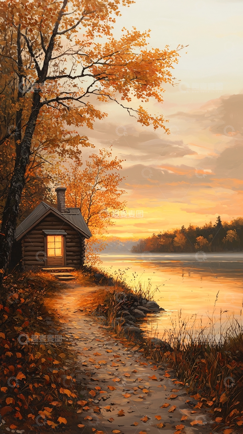 高清大图下载【趣麦麦图】秋日湖畔小屋