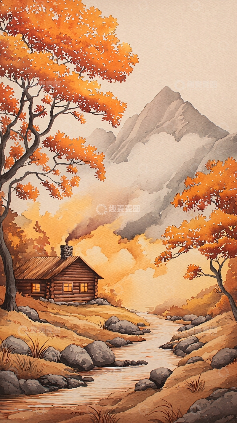 高清大图下载【趣麦麦图】秋日山间小屋风景图