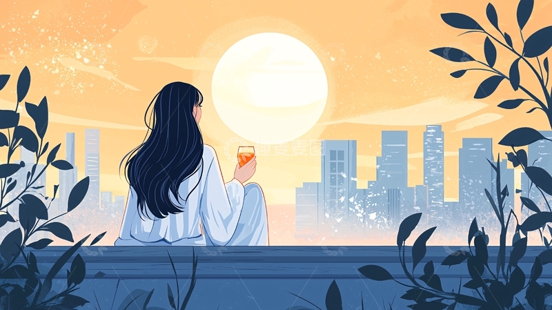 高清大图下载【趣麦麦图】女孩远眺城市日落
