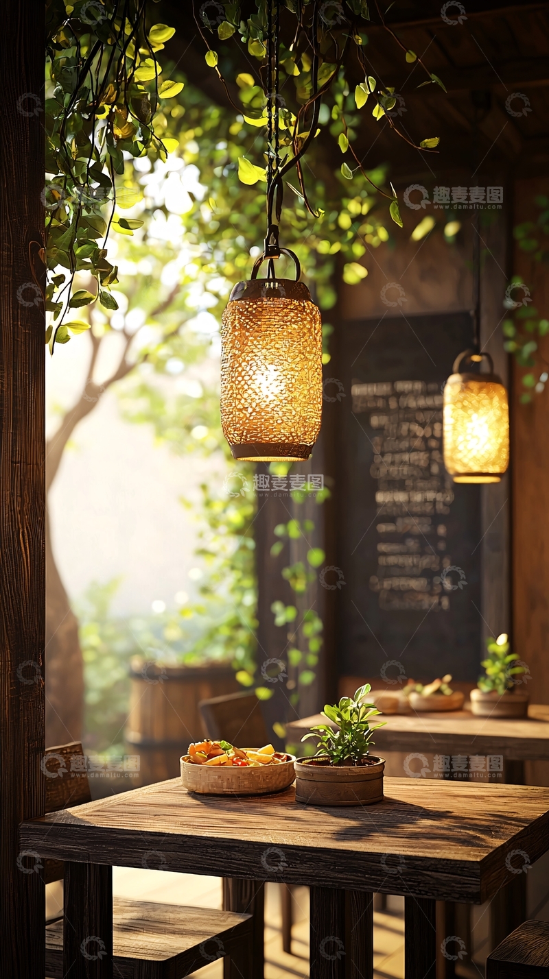 高清大图下载【趣麦麦图】户外餐厅木质桌椅灯饰植物