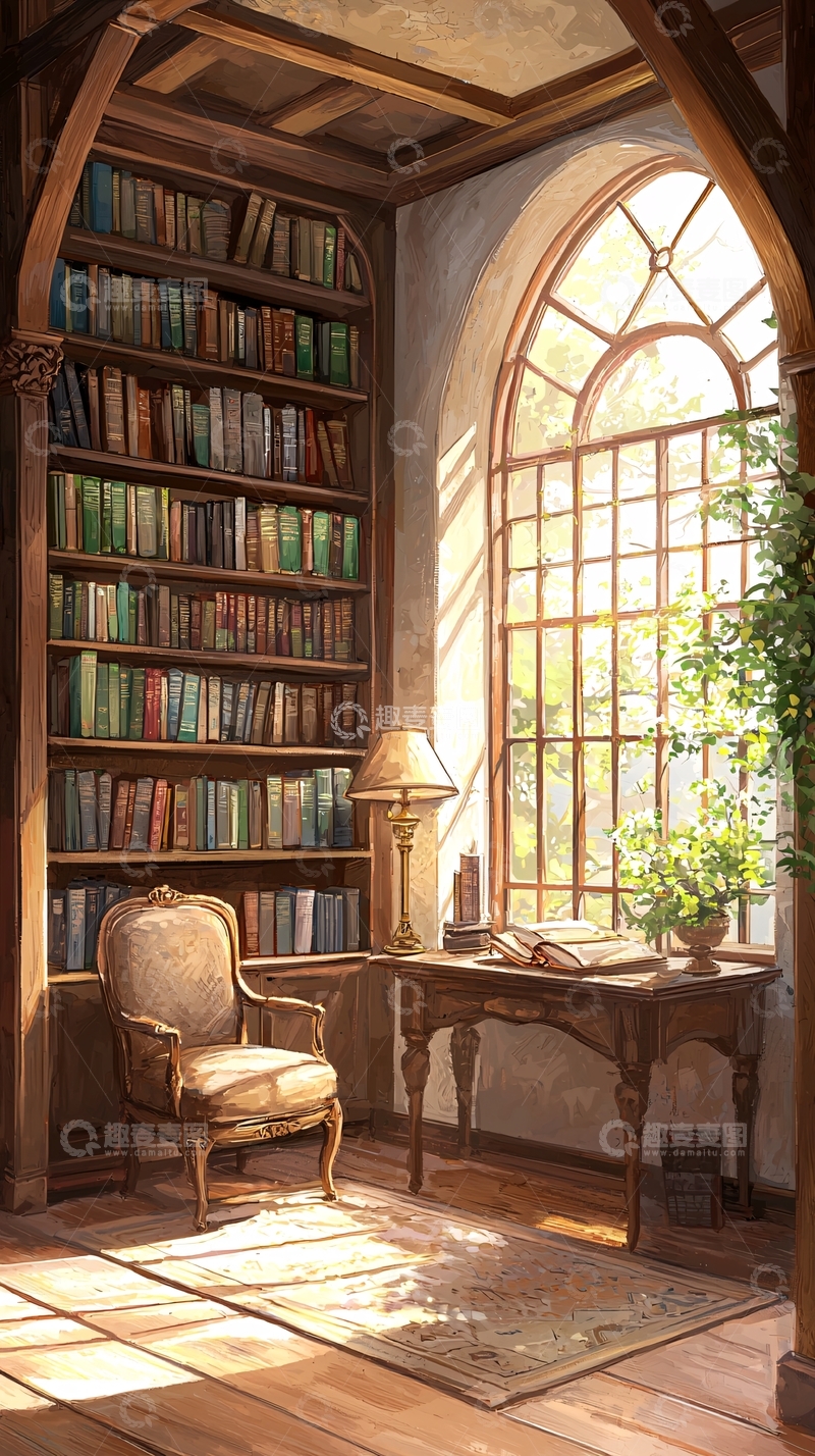 高清大图下载【趣麦麦图】阳光洒满书房的温馨角落